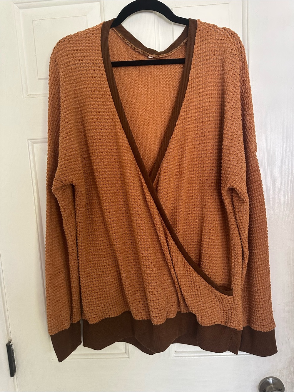 Waffle-Knit Wrap V-Neck Light Sweater — Rust